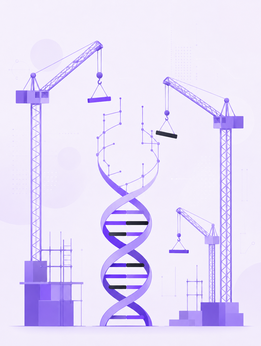 Cranes assembling a DNA double helix — building the future of medicine